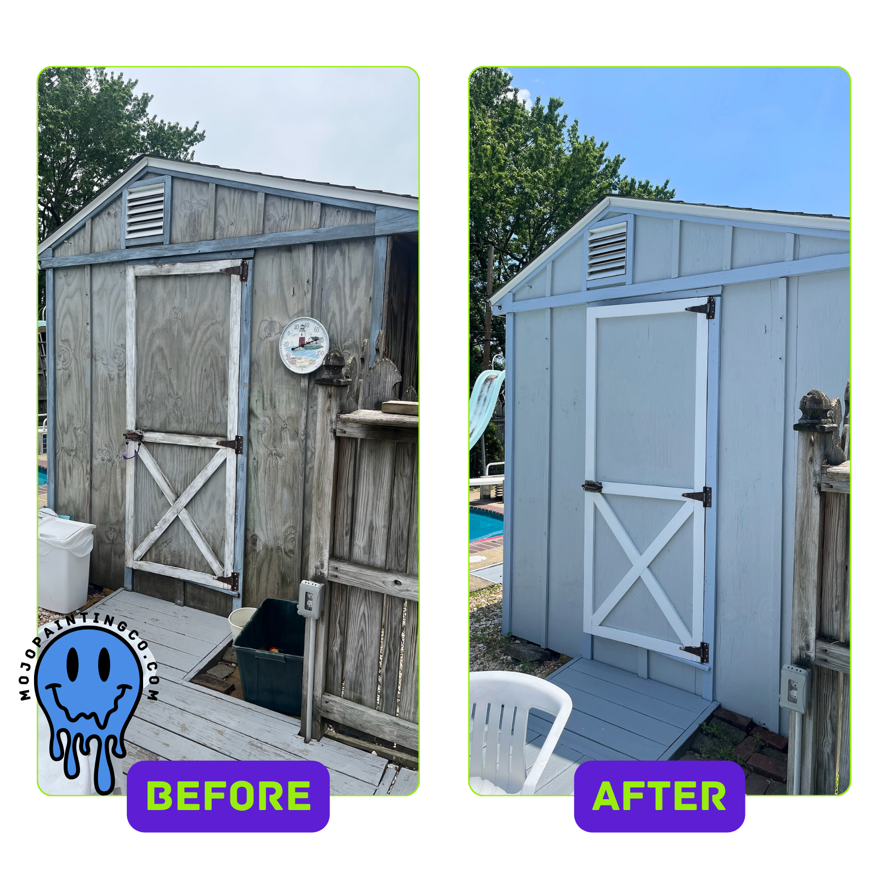 Before and after exterior shed painting by Mojo Painting Company Pottstown PA
