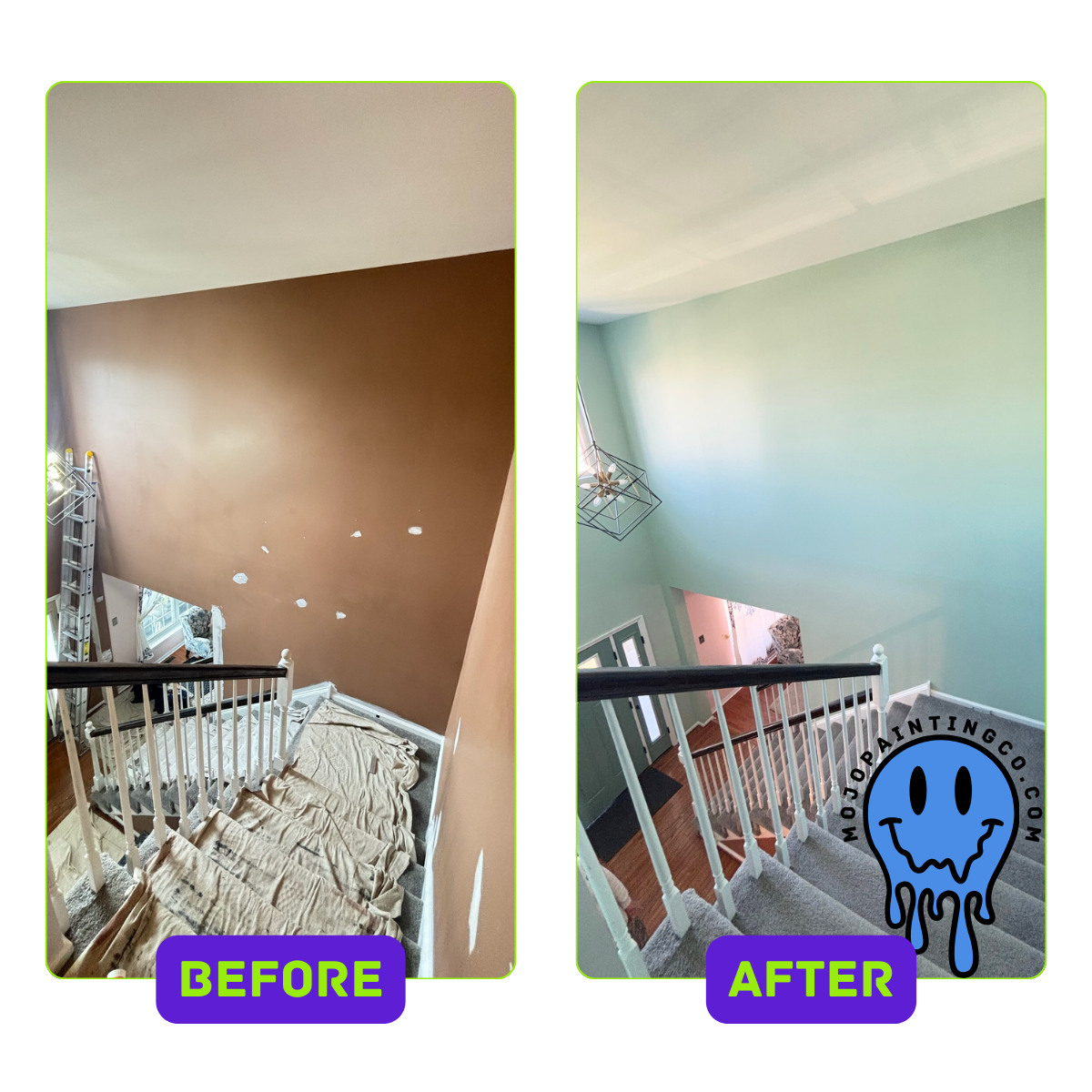 Before and after interior stairwell painting by Mojo Painting Company in Pottstown, PA