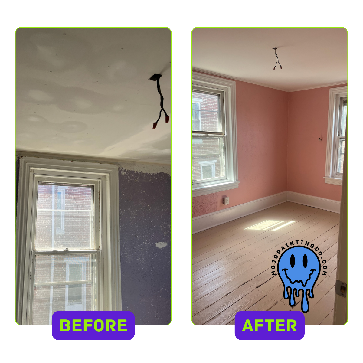 Before and after interior bedroom painting by Mojo Painting Company in Limerick, PA