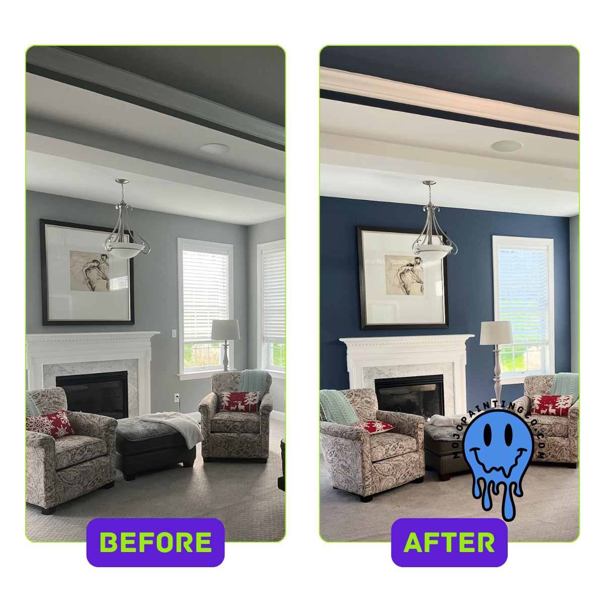 Before and after interior living room painting by Mojo Painting Company in Valley Forge, PA