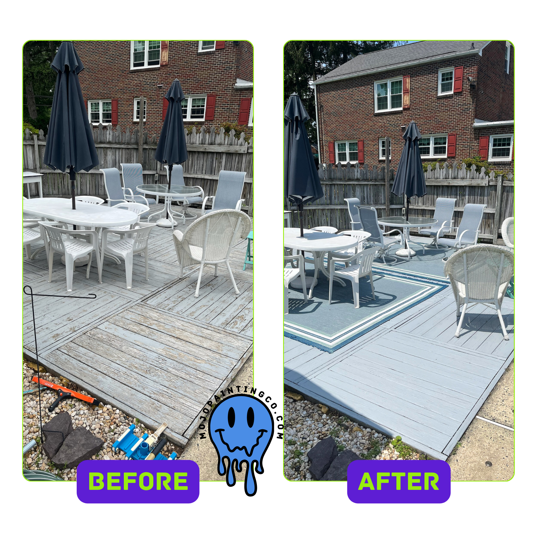 Before and after exterior deck painting by Mojo Painting Company