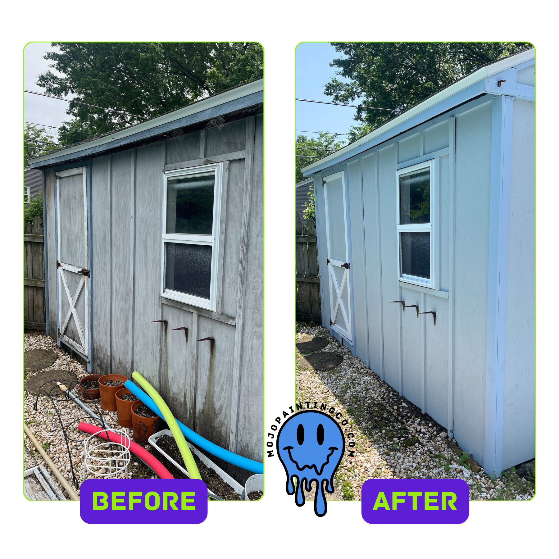 Before and after exterior shed painting by Mojo Painting Company