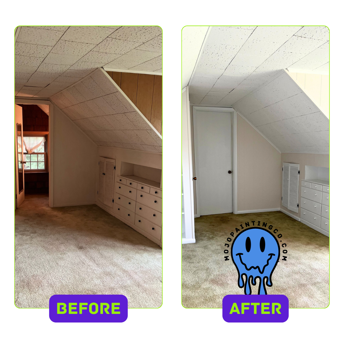 Before and after interior painting of attic space by Mojo Painting Company in Pottstown, PA