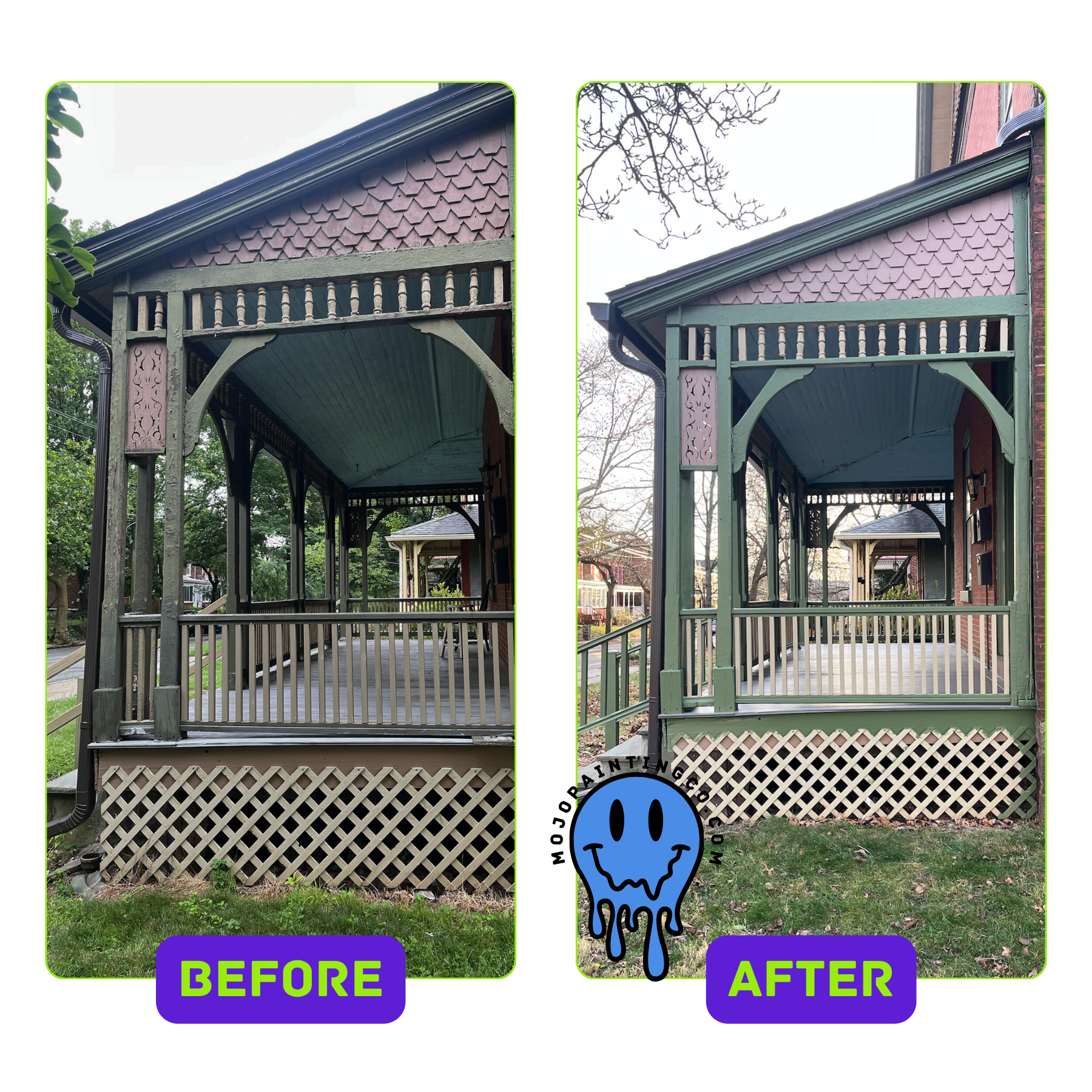 Before and after exterior porch painting by Mojo Painting Company
