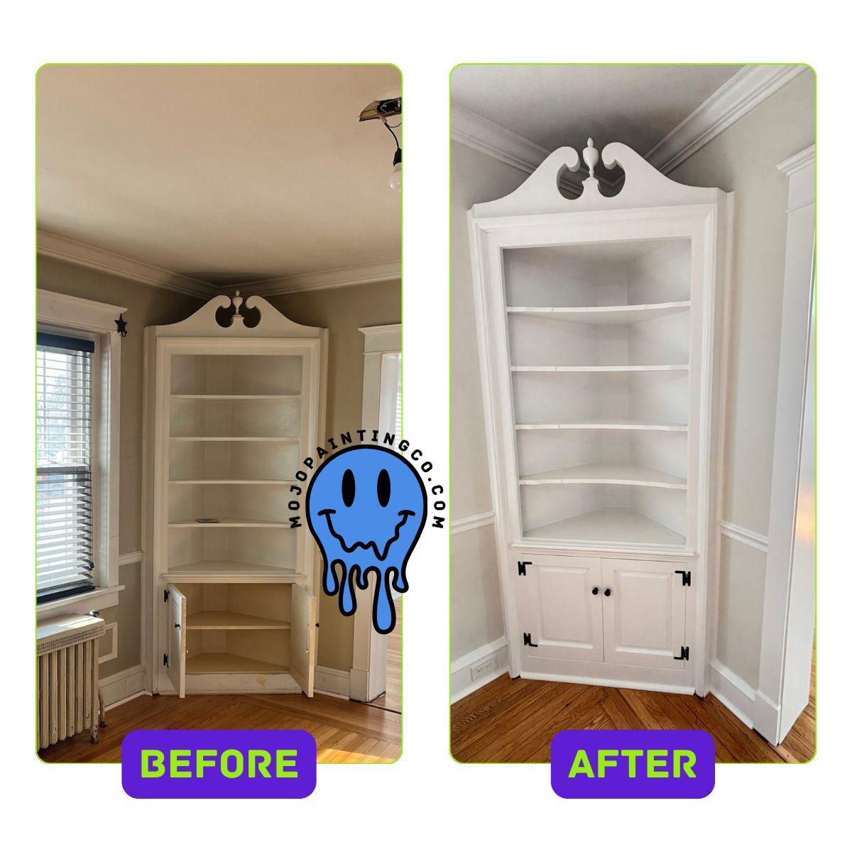 Before and after cabinet and wall trim and ceiling house residential painting by mojo painting company room refresh phoenixville, PA