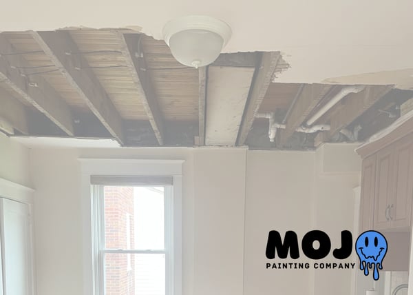 Ceiling drywall repair and preparation in a Phoenixville home, showcasing the smooth, paint-ready surface achieved by Mojo Painting Company.