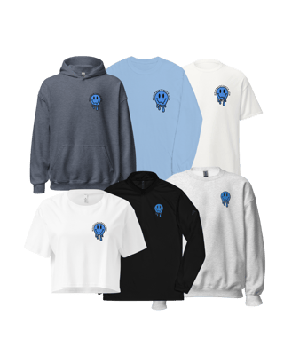 Mojo Painting Company merchandise including t-shirts, hoodies, and sweatshirts — branded with the blue dripping smiley logo representing a local painting company in Phoenixville, Chester, and Montgomery Countie